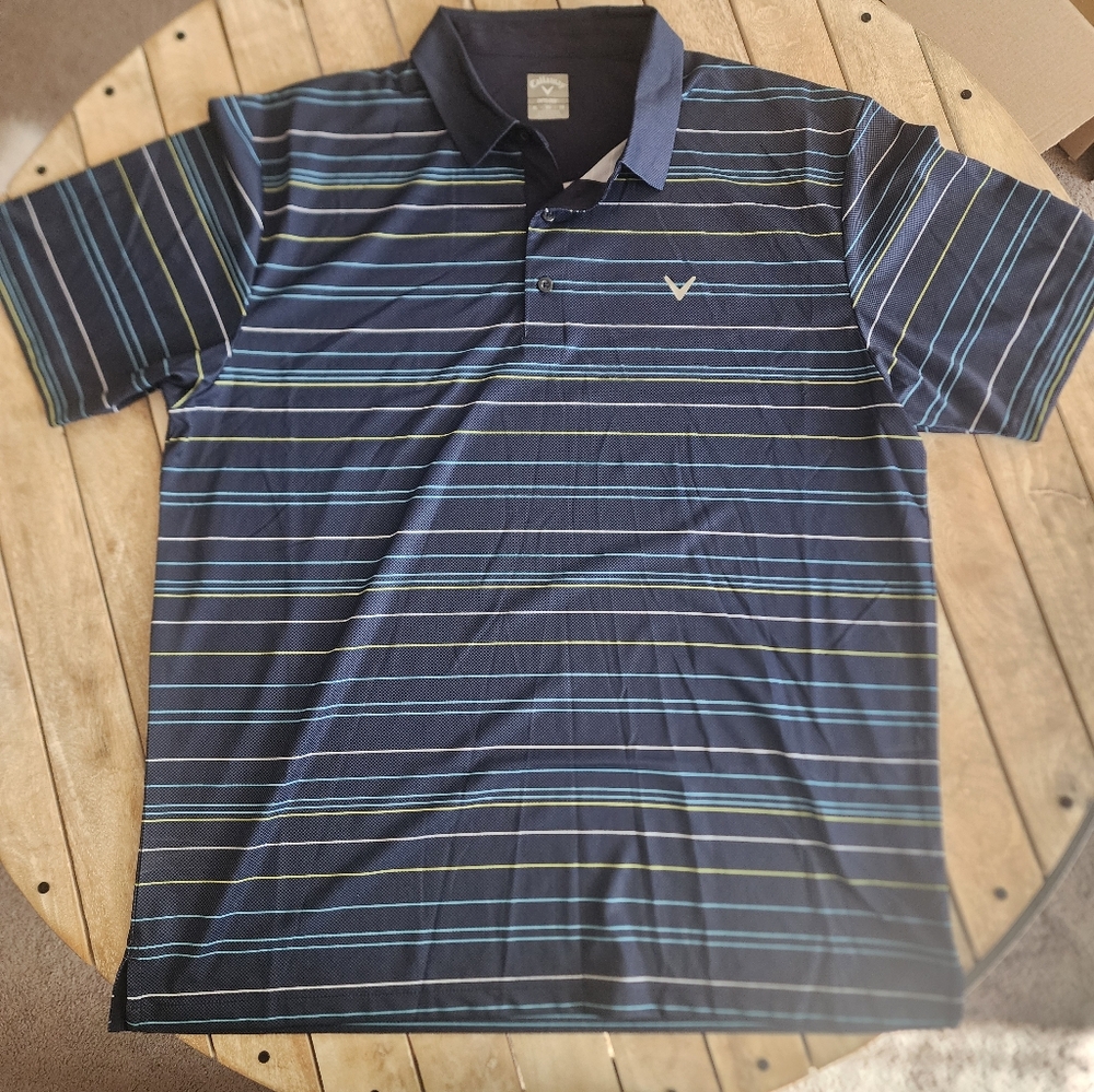 Callaway Shirt Men XL Blue Striped OPTI DRI Performance Golf Polo Stretch